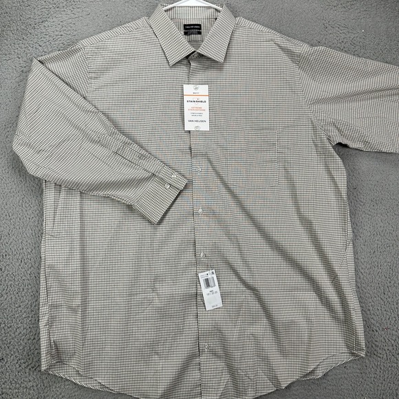 Van Heusen Stain Shield Mens Dress Shirt 18.5 32-33 Green Blue Plaid Big Fit NEW